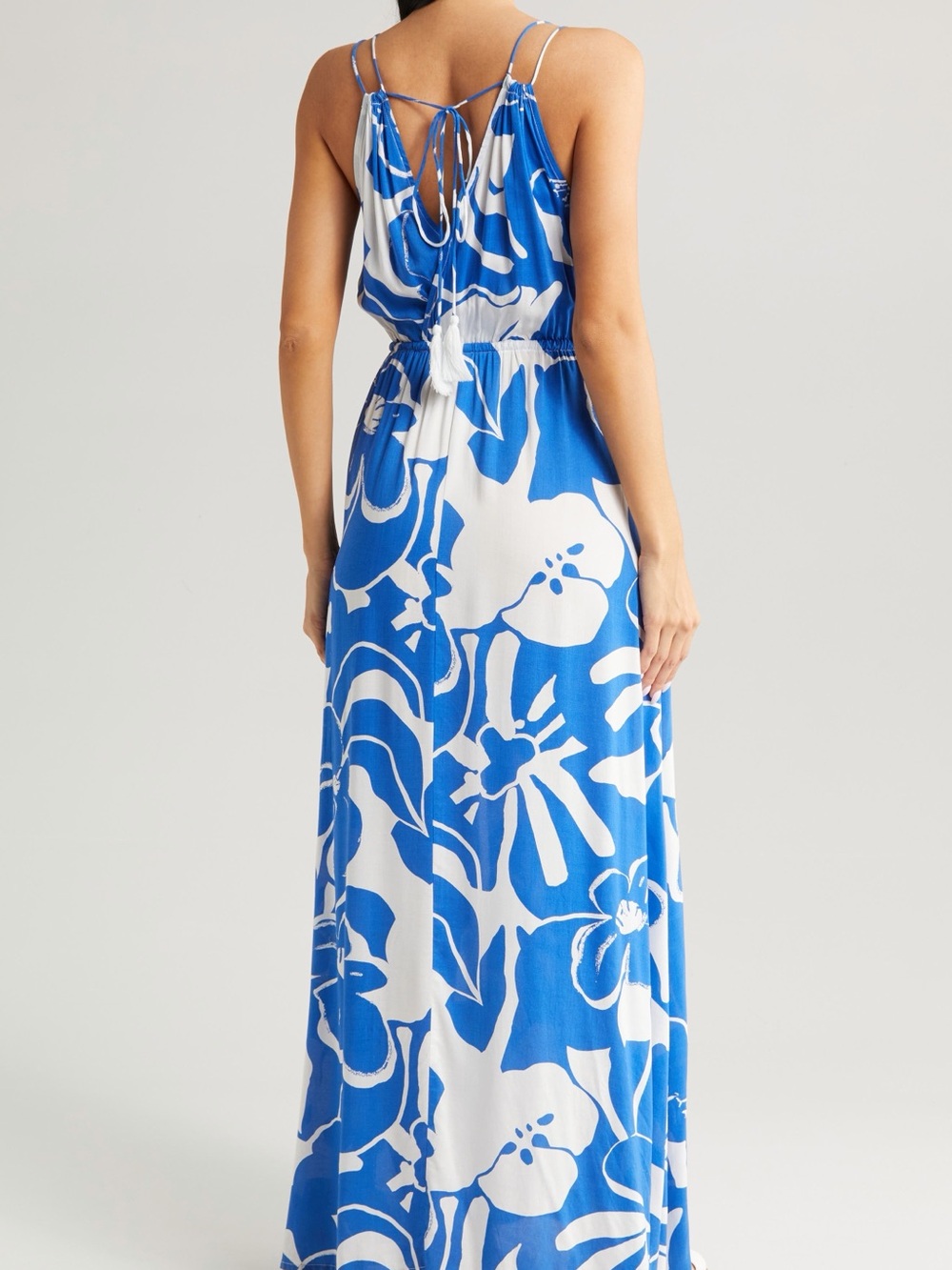 Elan Blue and White Floral Hibiscus Print Maxi Dress with Side Slit - Picture 2 of 9